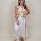 Sandy Seashell Print Top in golden seashell print with buttoned keyhole back — Paper Doll