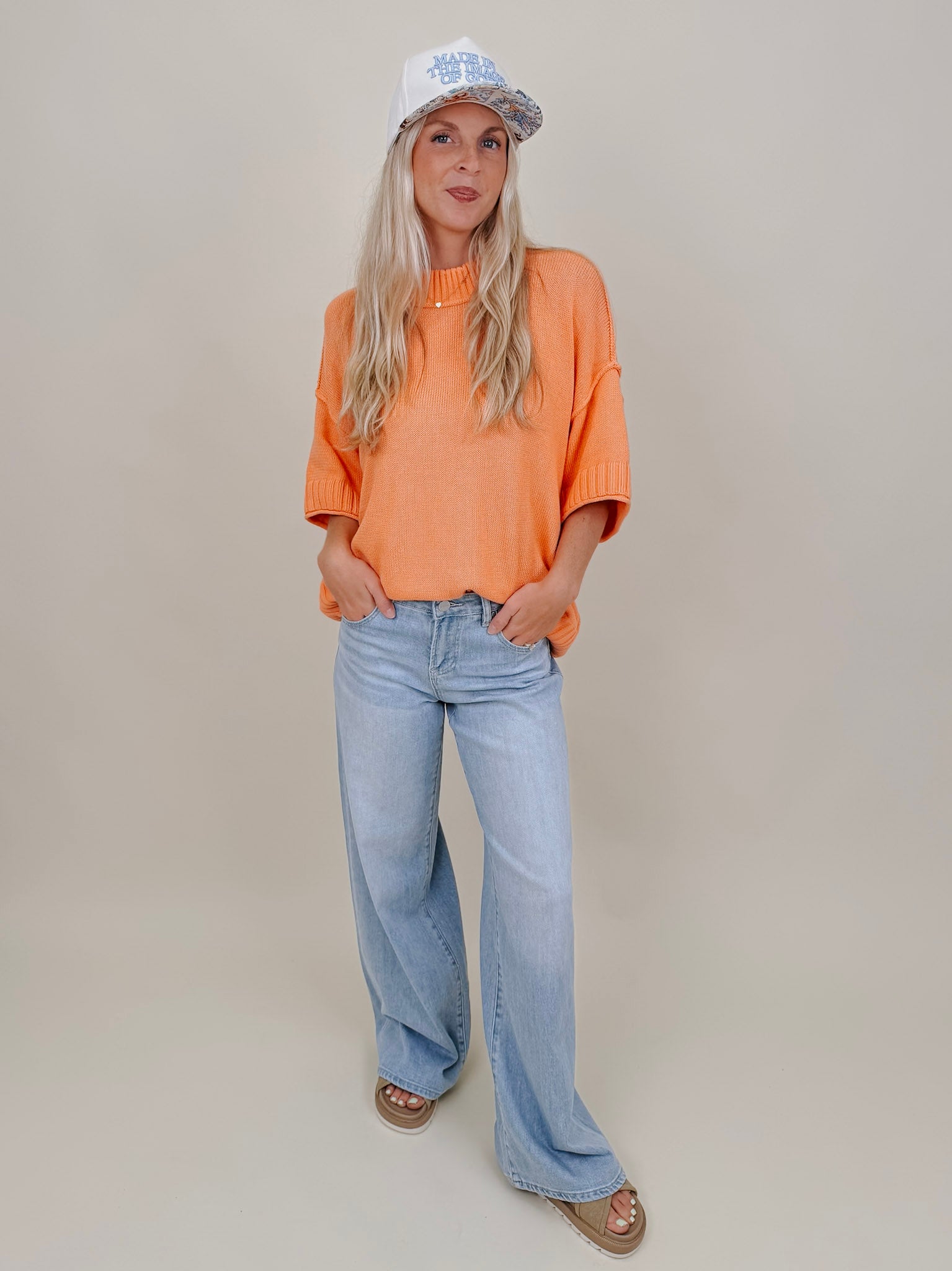 Hilda Oversized Sweater in bright peach with a mock neck and elbow sleeves — Paper Doll
