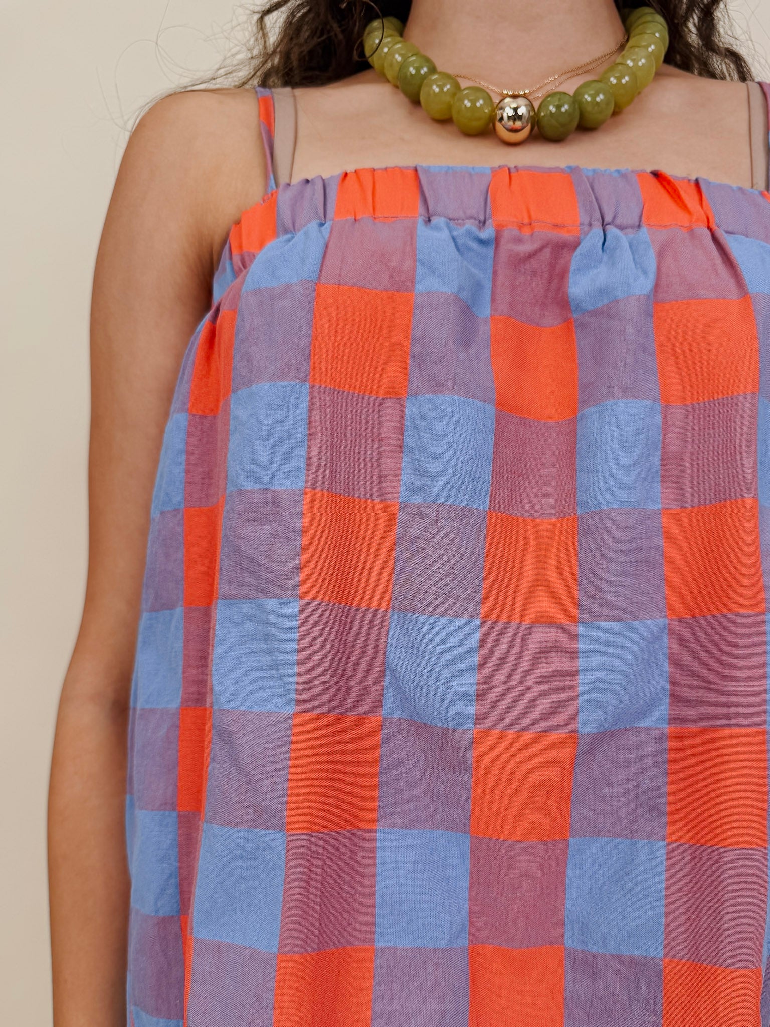 Rebels Midi Dress in red and periwinkle check with adjustable straps — Paper Doll