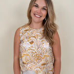 Sandy Seashell Print Top in golden seashell print with buttoned keyhole back — Paper Doll