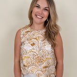Sandy Seashell Print Top in golden seashell print with buttoned keyhole back — Paper Doll