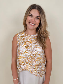 Sandy Seashell Print Top in golden seashell print with buttoned keyhole back — Paper Doll