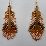 Gilded Feather Earrings with peach, cream, and tan beadwork and a gold quill center — Paper Doll