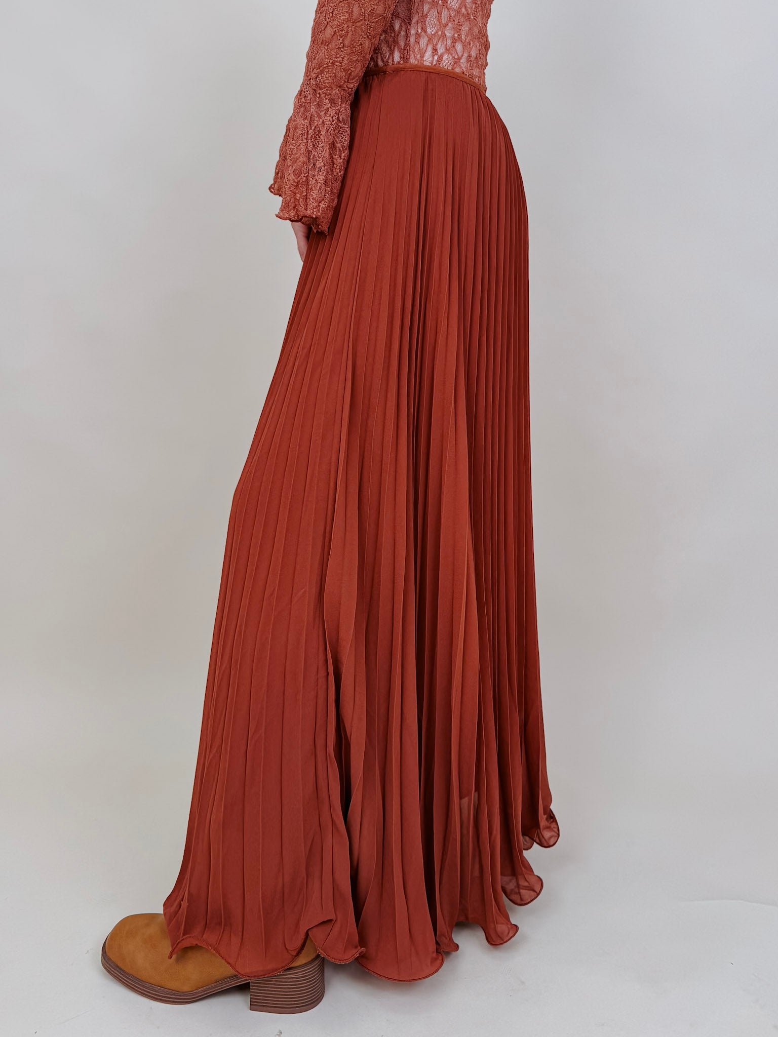 Flora Maxi Skirt in rust accordion pleated polyester — Paper Doll