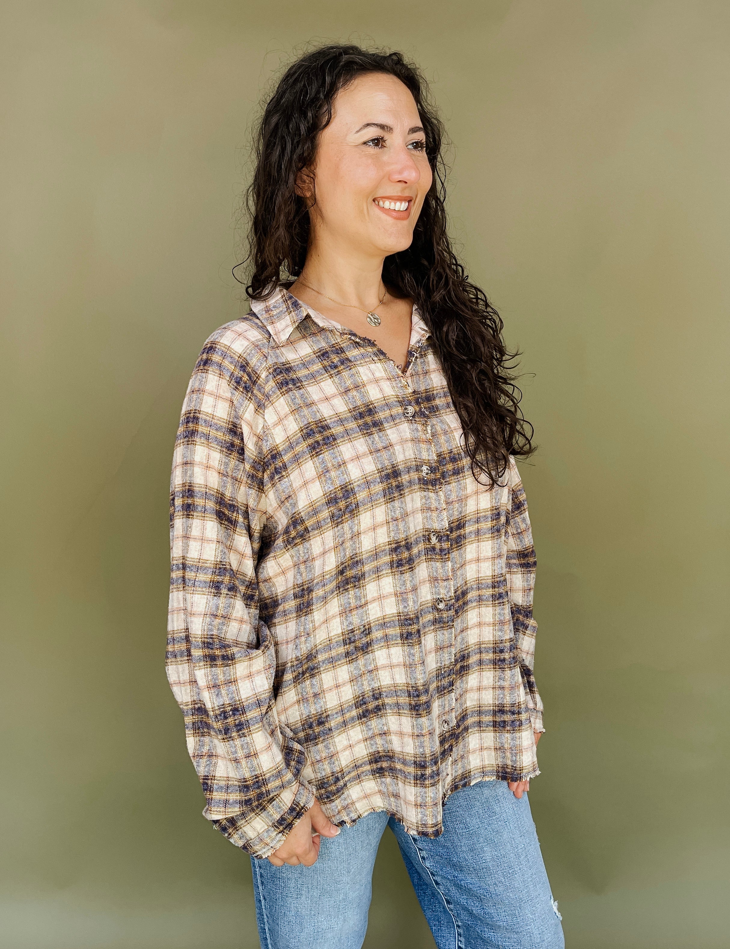 Roxy Plaid Raw Edge Detail Button Up