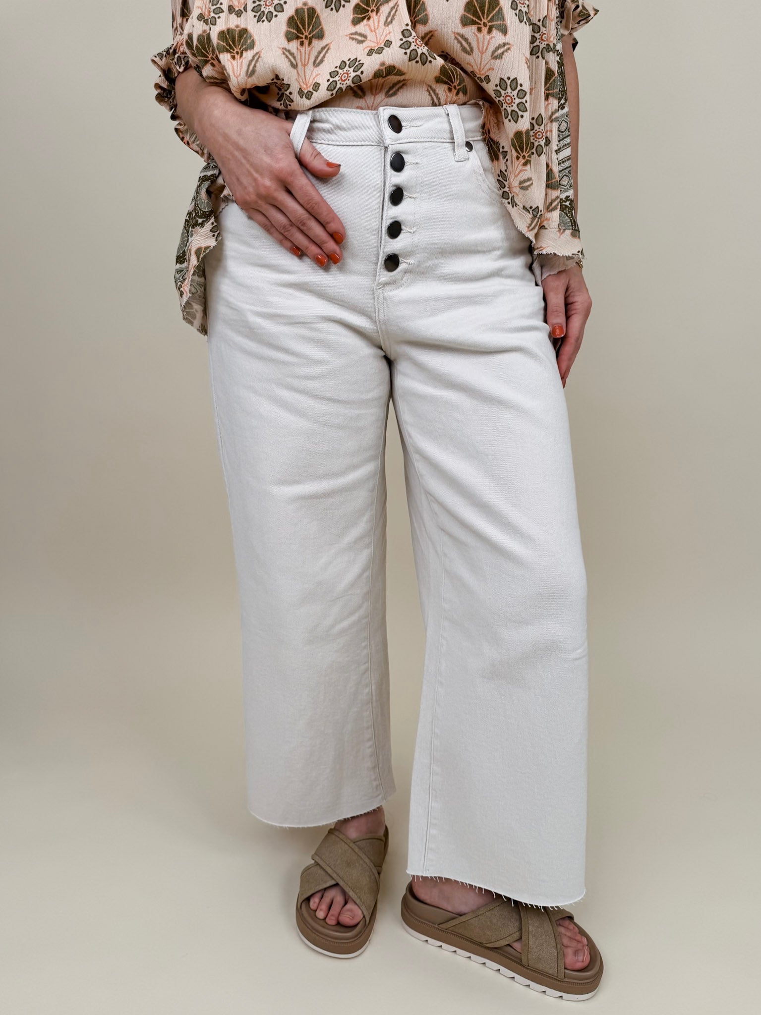 Chrissy Pant in ecru with high-rise waist, exposed button fly, and wide-leg silhouette — Paper Doll
