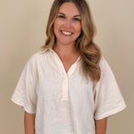 Galilea Oversized Open Collar Top in cream with relaxed collar and boxy fit — Paper Doll