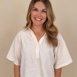 Galilea Oversized Open Collar Top in cream with relaxed collar and boxy fit — Paper Doll