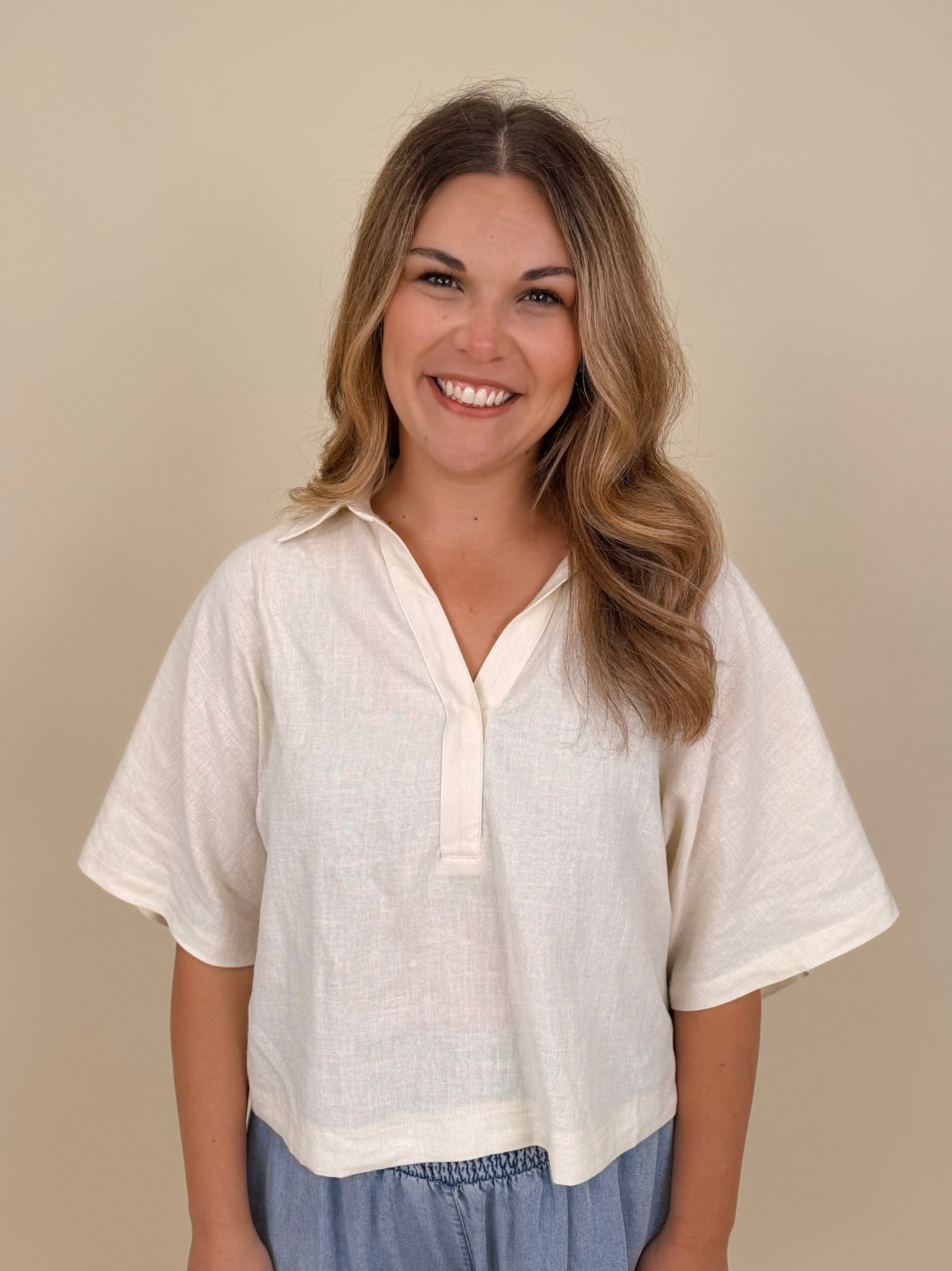Galilea Oversized Open Collar Top in cream with relaxed collar and boxy fit — Paper Doll