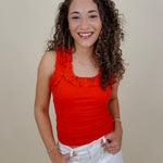 Tammy Ruffle Tank in red with a ruffle shoulder and neckline — Paper Doll
