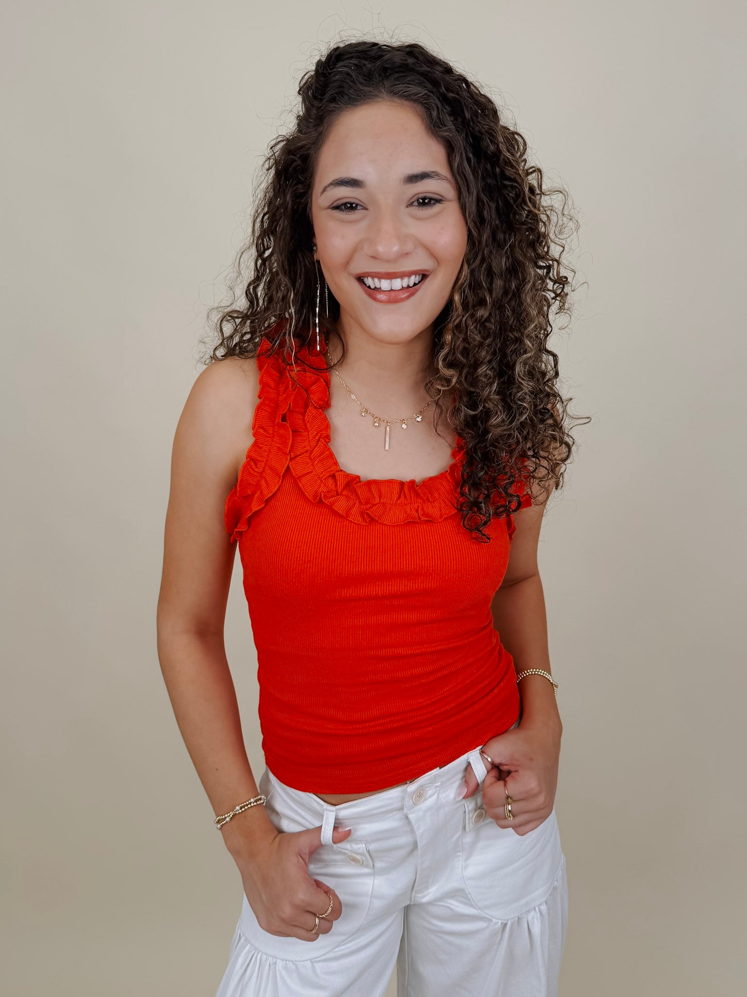 Tammy Ruffle Tank in red with a ruffle shoulder and neckline — Paper Doll
