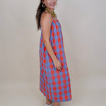 Rebels Midi Dress in red and periwinkle check with adjustable straps — Paper Doll
