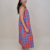 Rebels Midi Dress in red and periwinkle check with adjustable straps — Paper Doll