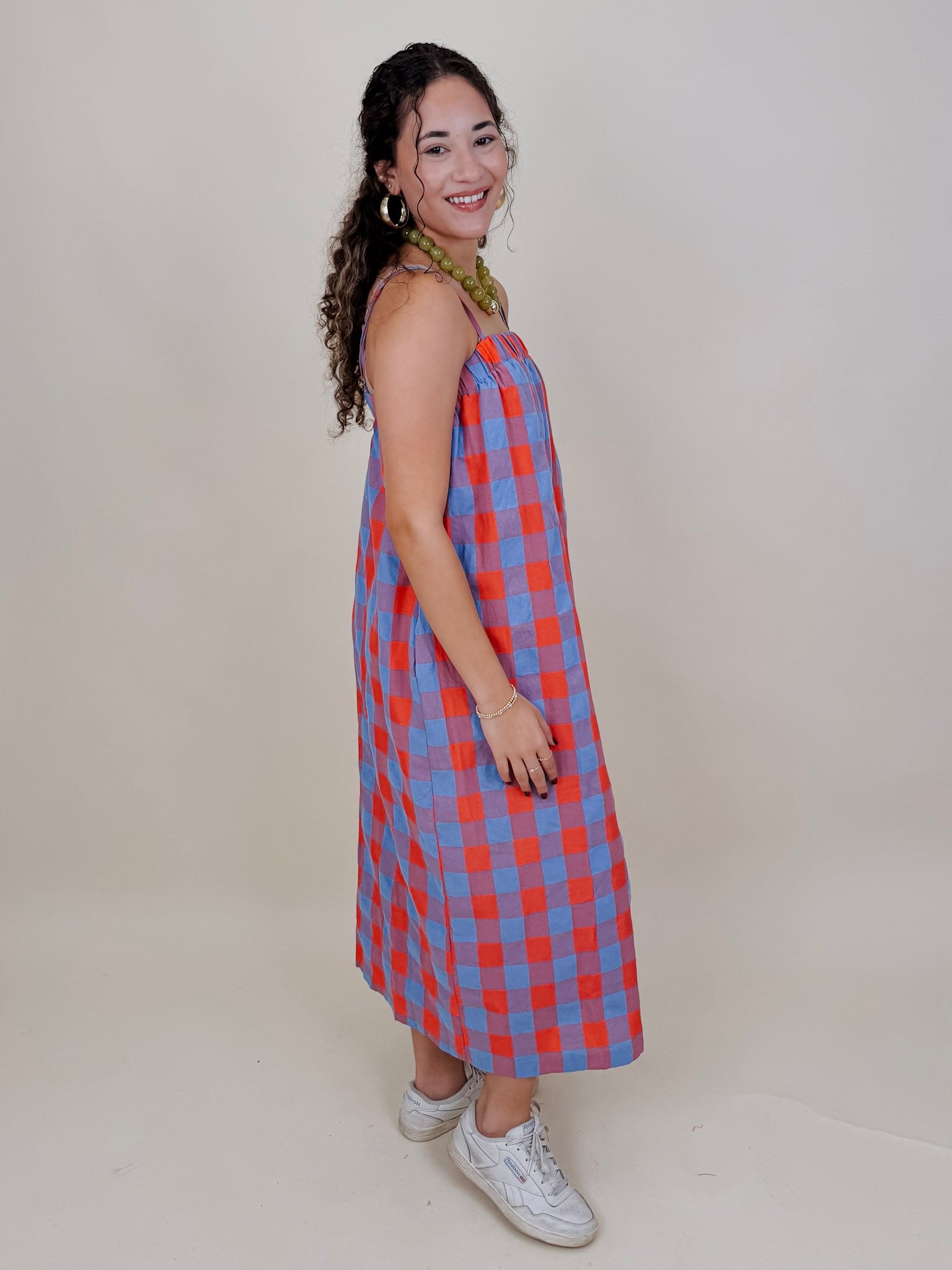 Rebels Midi Dress in red and periwinkle check with adjustable straps — Paper Doll
