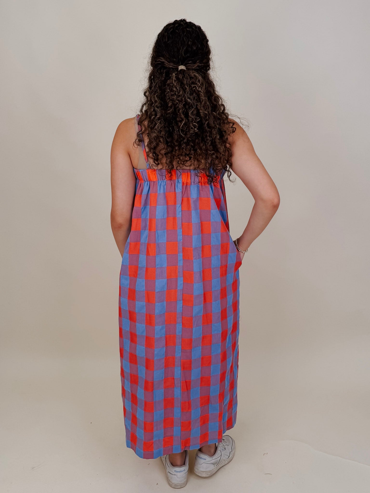 Rebels Midi Dress in red and periwinkle check with adjustable straps — Paper Doll