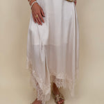Kara Lace Trim Skirt in ivory satin with eyelash lace asymmetric hem — Paper Doll