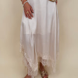 Kara Lace Trim Skirt in ivory satin with eyelash lace asymmetric hem — Paper Doll
