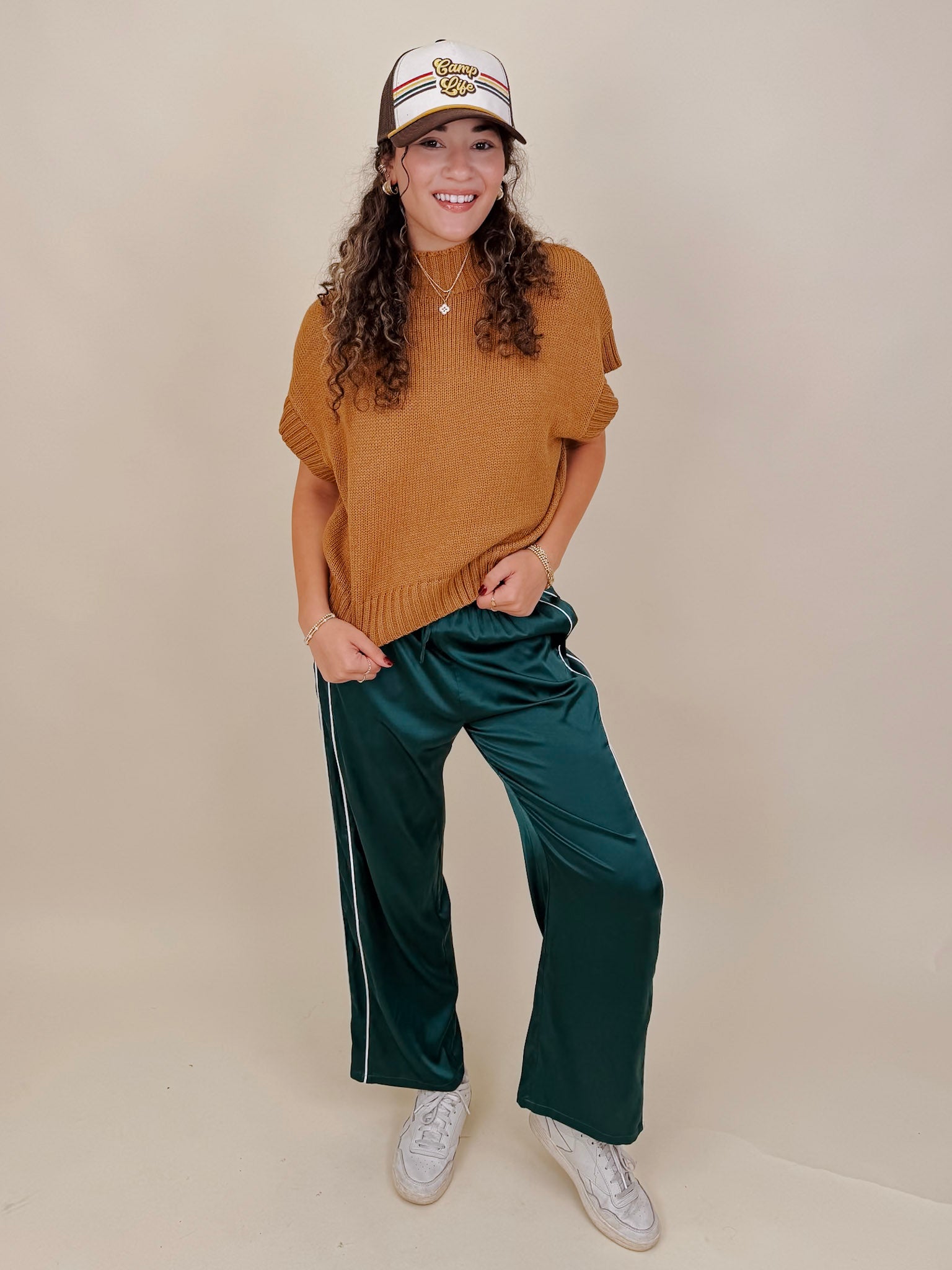 Hollie Casual Top in camel chunky knit with mock neck and short sleeves — Paper Doll