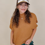 Hollie Casual Top in camel chunky knit with mock neck and short sleeves — Paper Doll