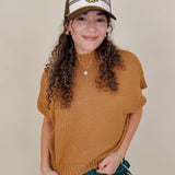 Hollie Casual Top in camel chunky knit with mock neck and short sleeves — Paper Doll