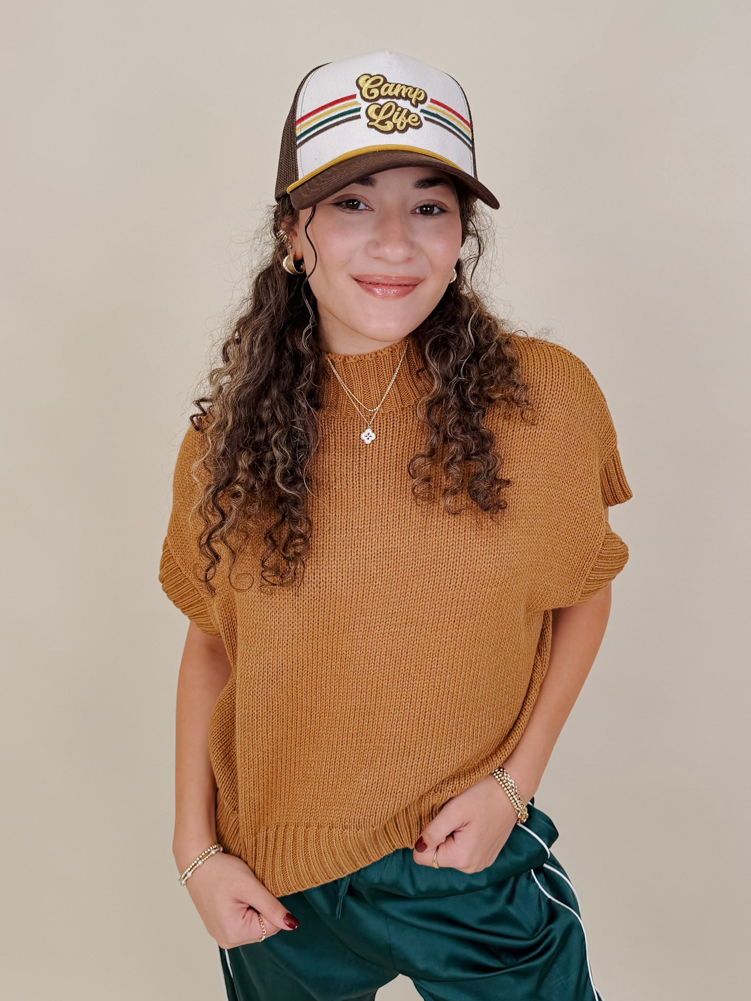 Hollie Casual Top in camel chunky knit with mock neck and short sleeves — Paper Doll