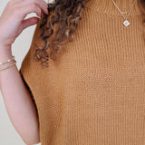 Hollie Casual Top in camel chunky knit with mock neck and short sleeves — Paper Doll
