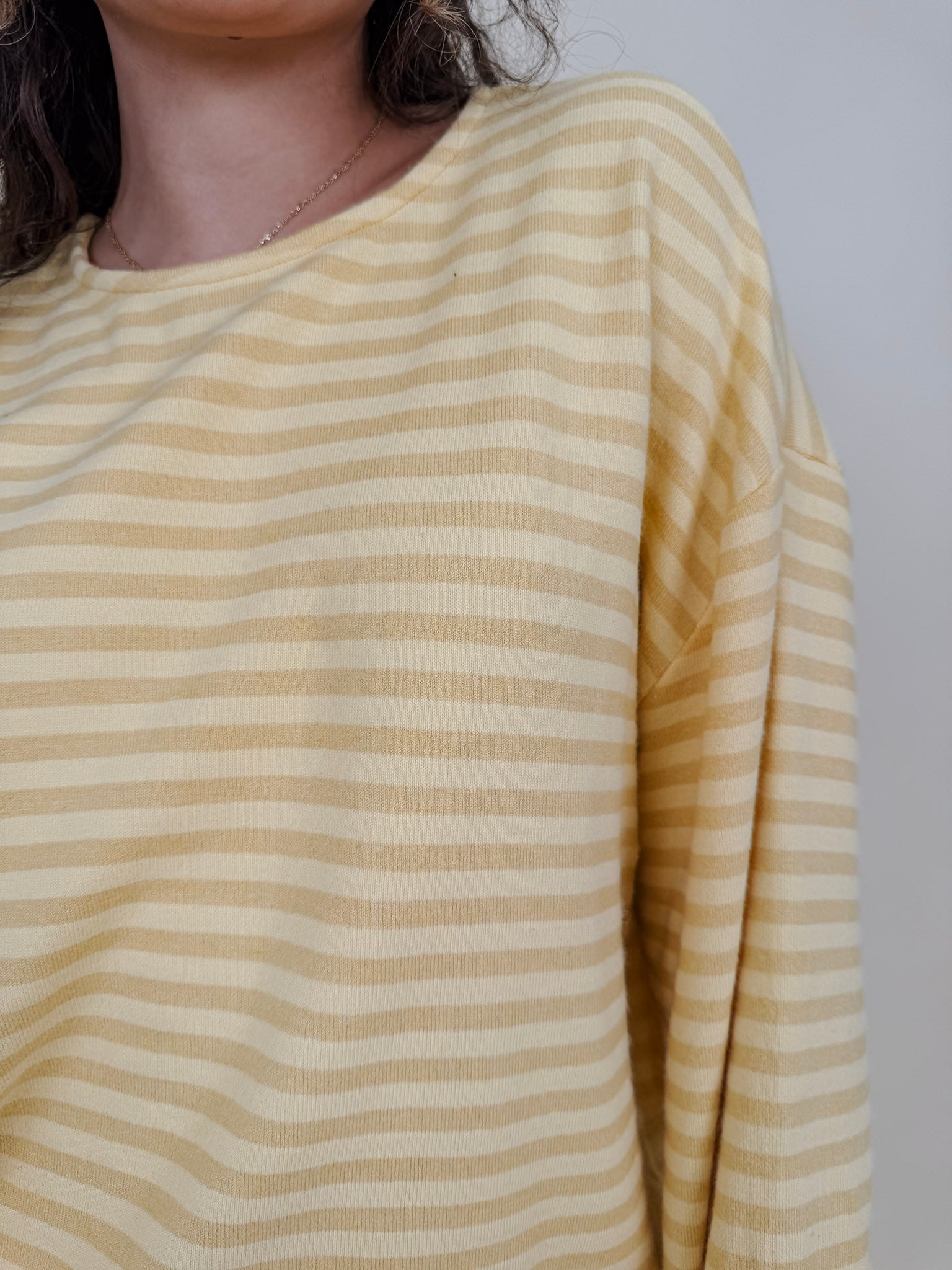 Carousel Stripe Matching Set in yellow and cream stripes with boat neck top and wide leg pants — Paper Doll