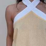 Walking At Sunset Top in lemon yellow with cross-halter neckline and white contrast trim — Paper Doll

