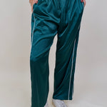 Trina Satin Stripe Pants in emerald green satin with white side piping — Paper Doll