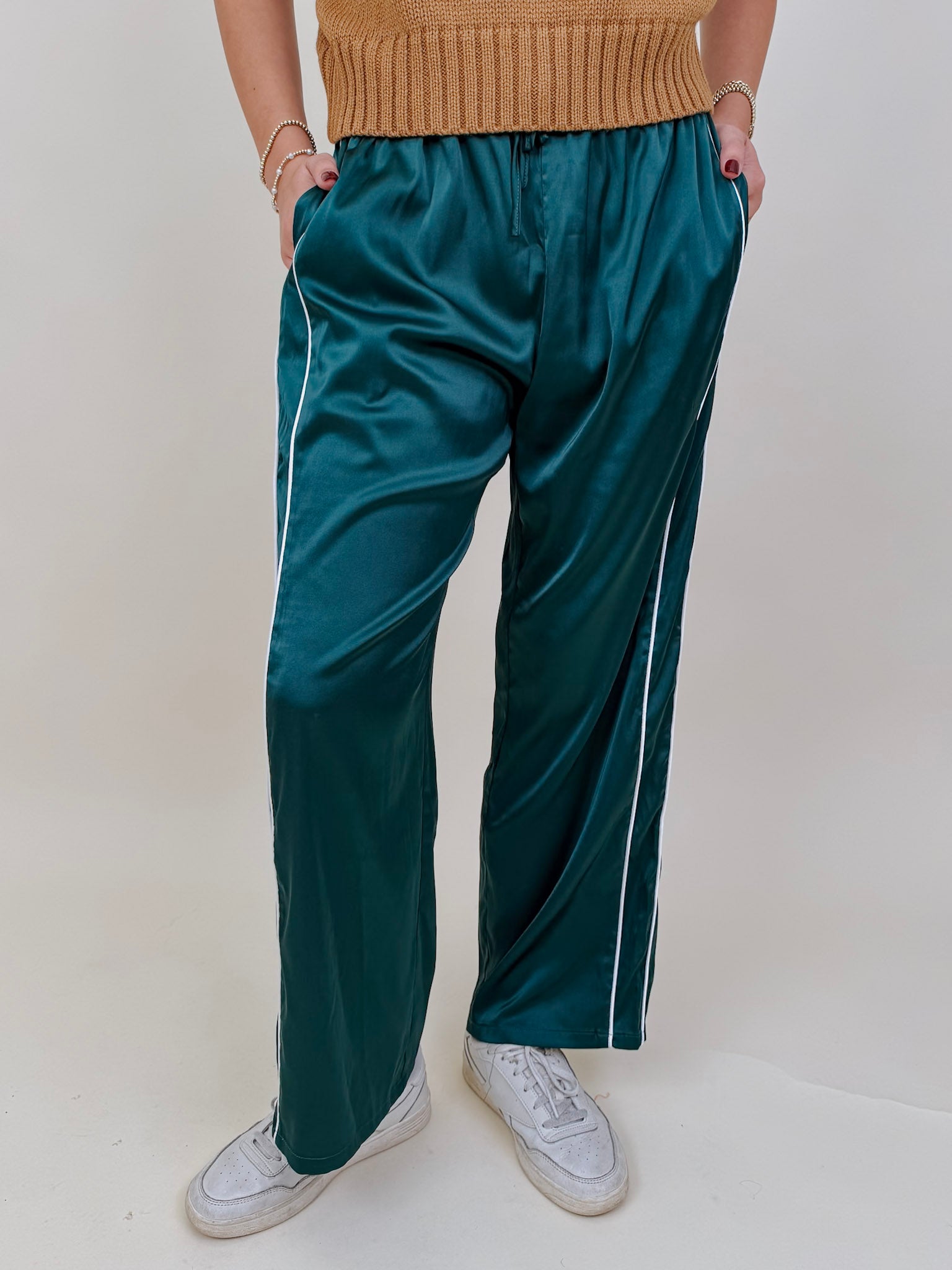 Trina Satin Stripe Pants in emerald green satin with white side piping — Paper Doll