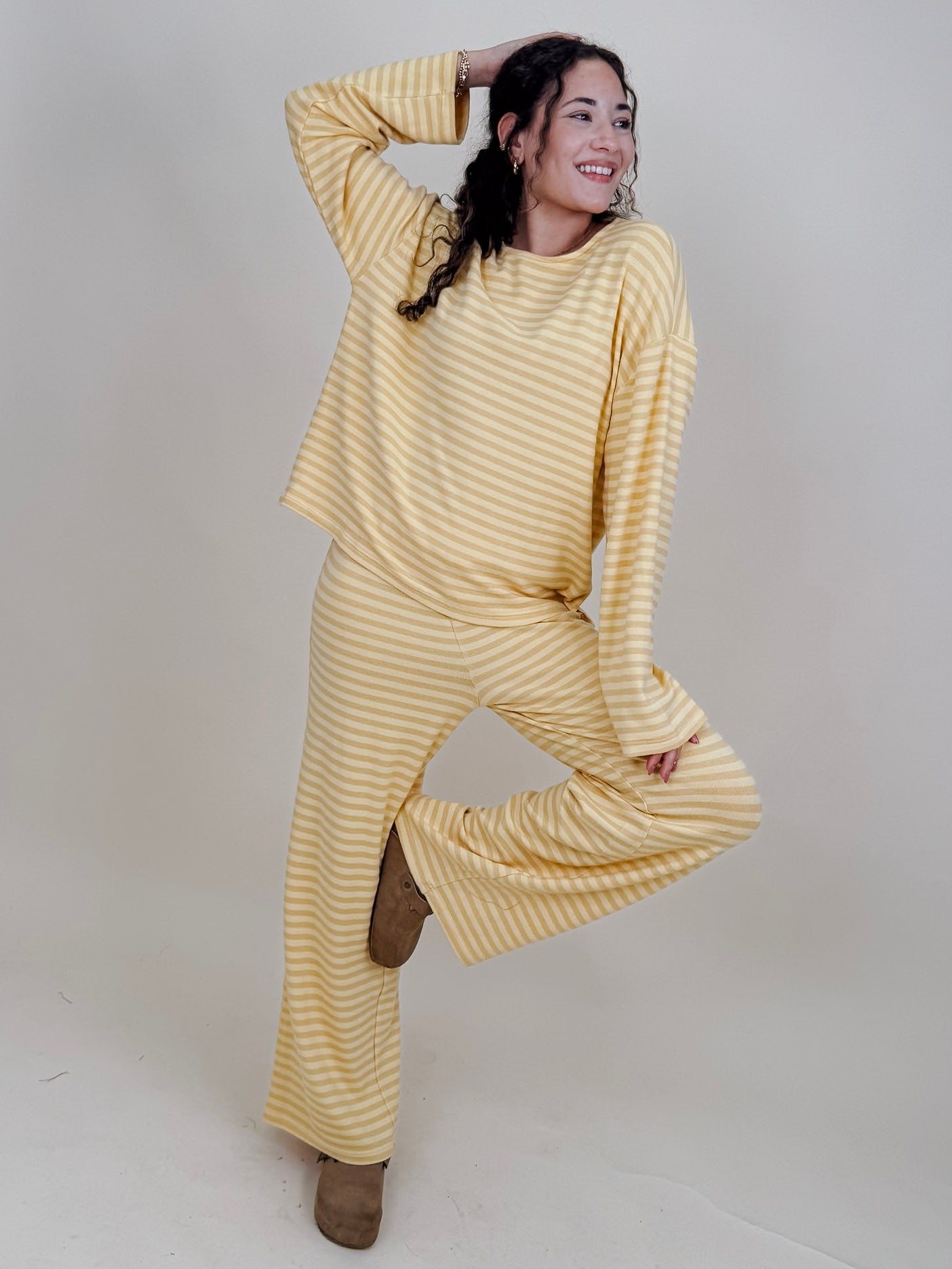 Carousel Stripe Matching Set in yellow and cream stripes with boat neck top and wide leg pants — Paper Doll