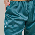 Trina Satin Stripe Pants in emerald green satin with white side piping — Paper Doll