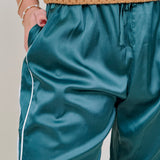 Trina Satin Stripe Pants in emerald green satin with white side piping — Paper Doll