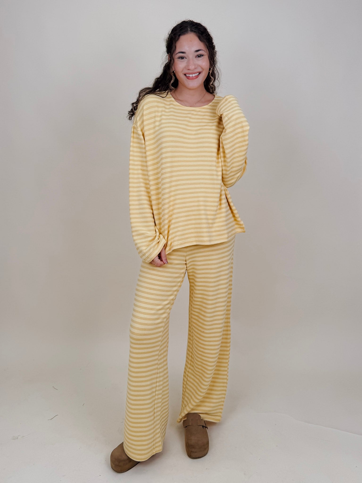 Carousel Stripe Matching Set in yellow and cream stripes with boat neck top and wide leg pants — Paper Doll