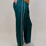 Trina Satin Stripe Pants in emerald green satin with white side piping — Paper Doll