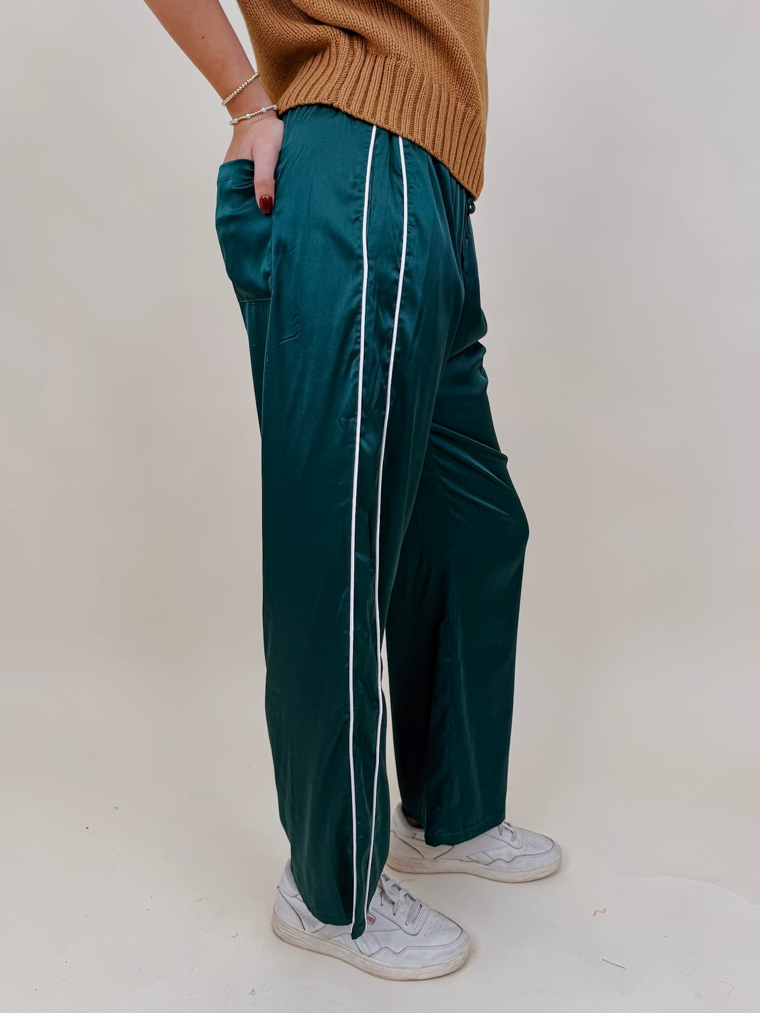 Trina Satin Stripe Pants in emerald green satin with white side piping — Paper Doll
