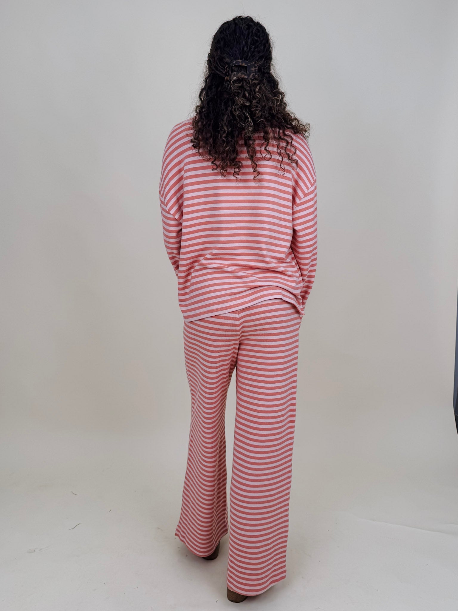 Carousel Stripe Matching Set in pink and blush stripes with boat neck top and wide leg pants — Paper Doll