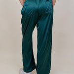 Trina Satin Stripe Pants in emerald green satin with white side piping — Paper Doll