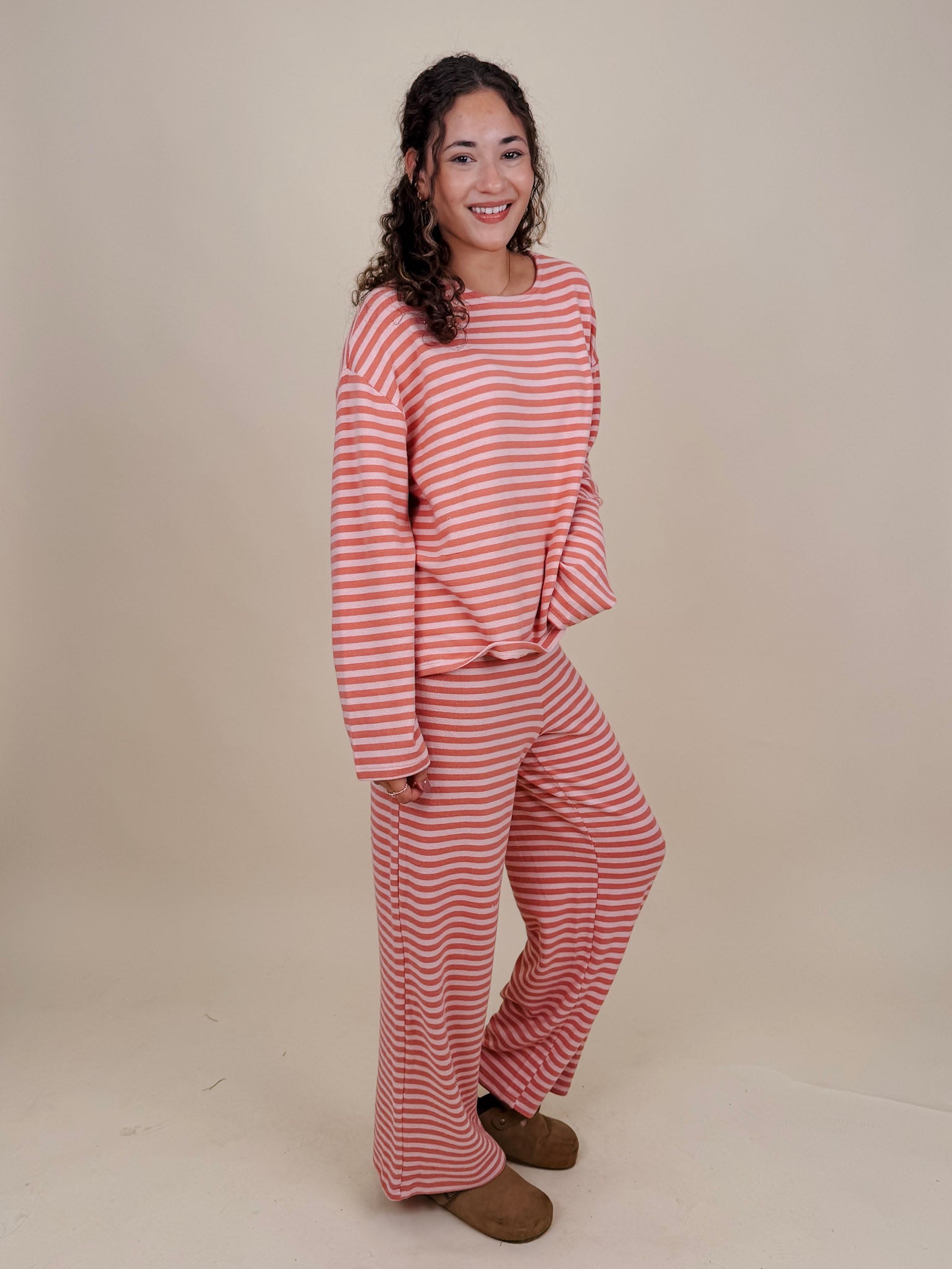 Carousel Stripe Matching Set in pink and blush stripes with boat neck top and wide leg pants — Paper Doll
