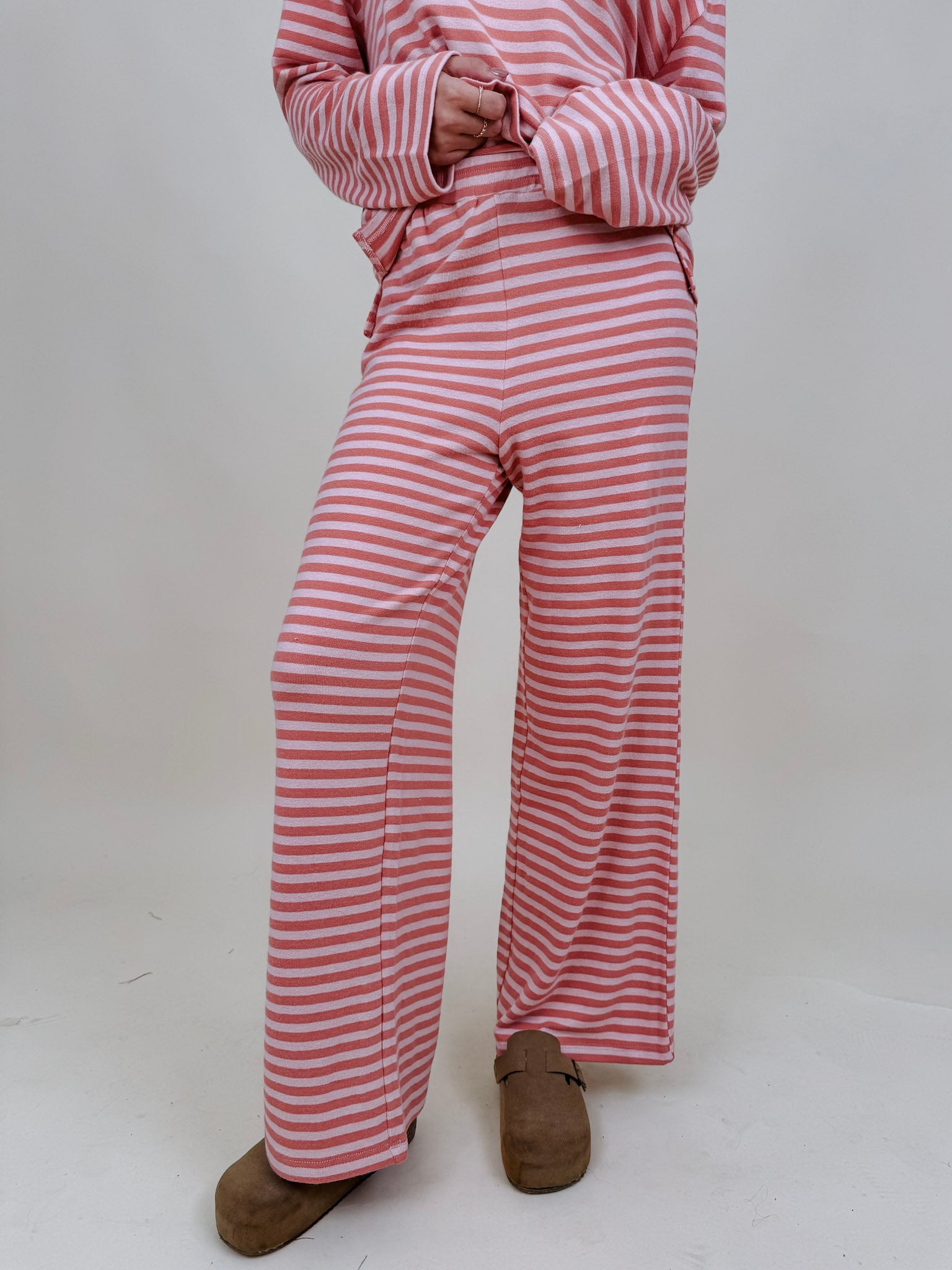 Carousel Stripe Matching Set in pink and blush stripes with boat neck top and wide leg pants — Paper Doll