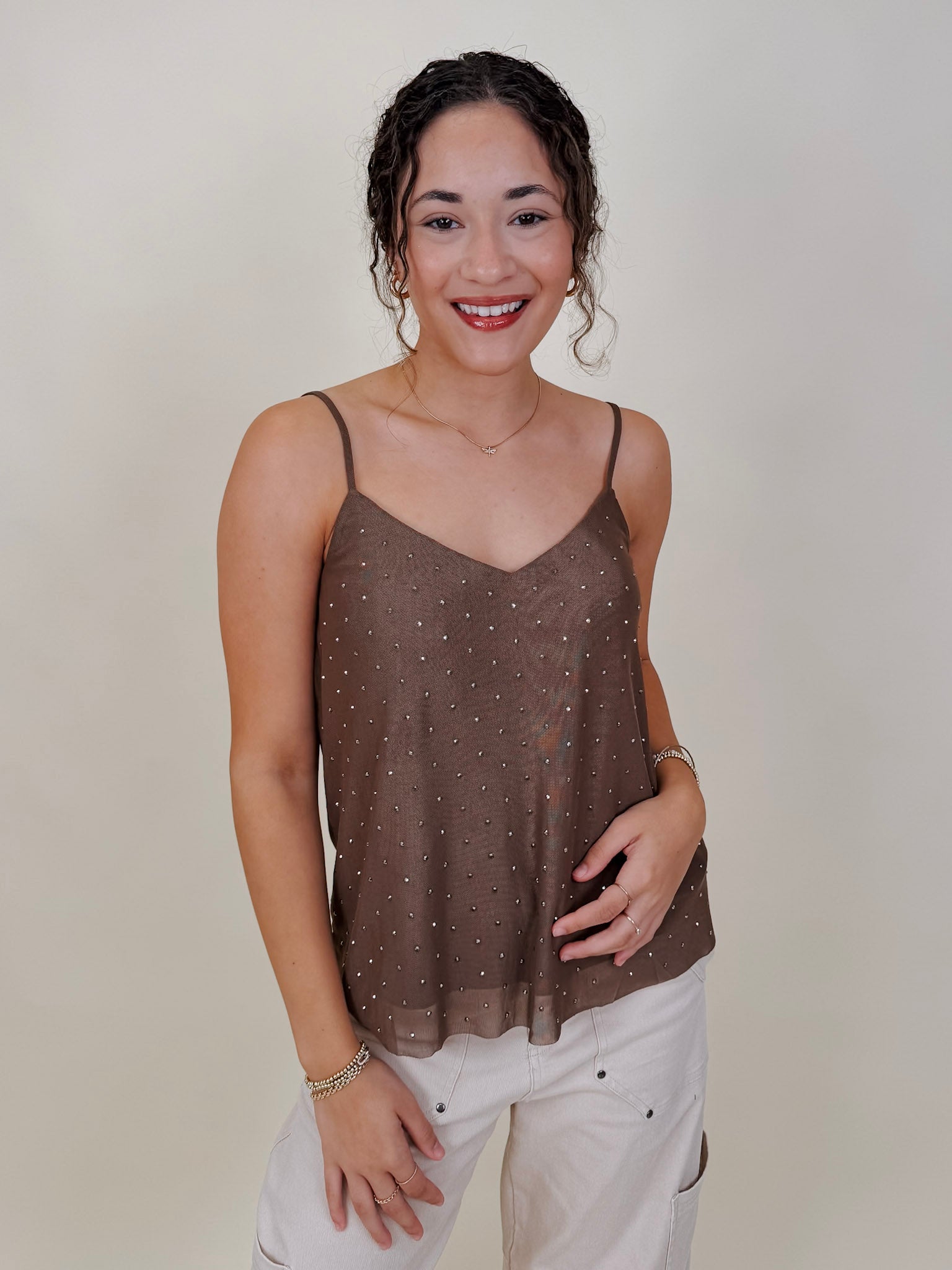 Rhinestud Blouse in mocha mesh with scattered rhinestones — Paper Doll
