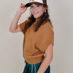 Hollie Casual Top in camel chunky knit with mock neck and short sleeves — Paper Doll