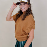 Hollie Casual Top in camel chunky knit with mock neck and short sleeves — Paper Doll