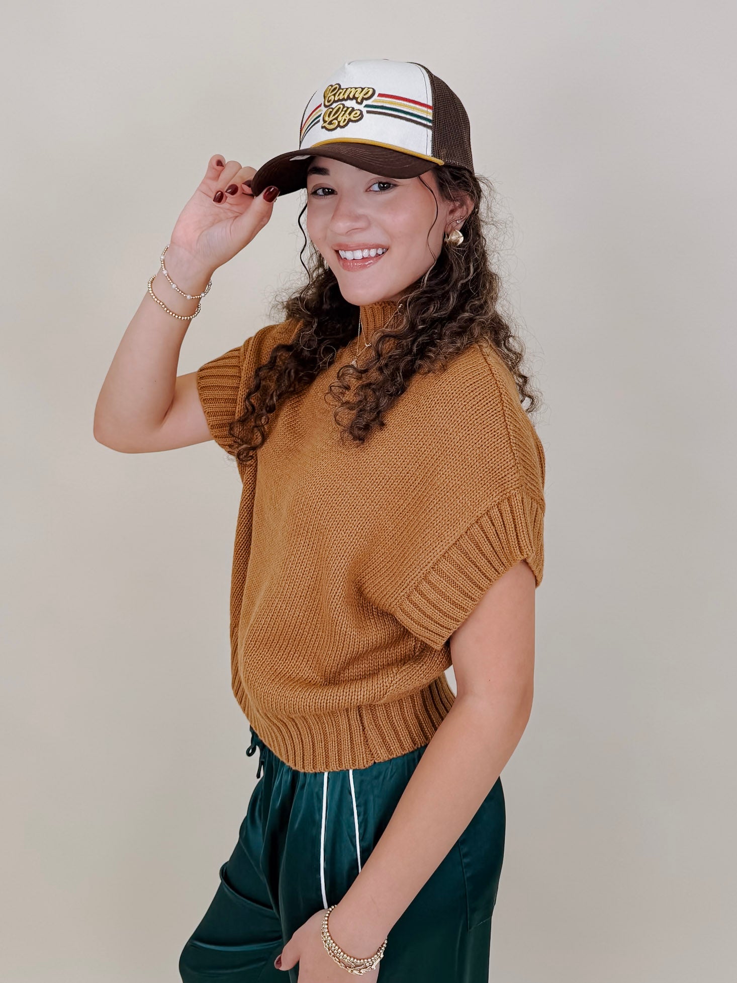 Hollie Casual Top in camel chunky knit with mock neck and short sleeves — Paper Doll