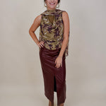 Dolly Floral Blouse in olive chiffon with plum iris print and scarf tie neckline — Paper Doll