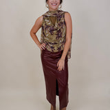Hailey Midi Skirt in burgundy faux leather with front slit — Paper Doll