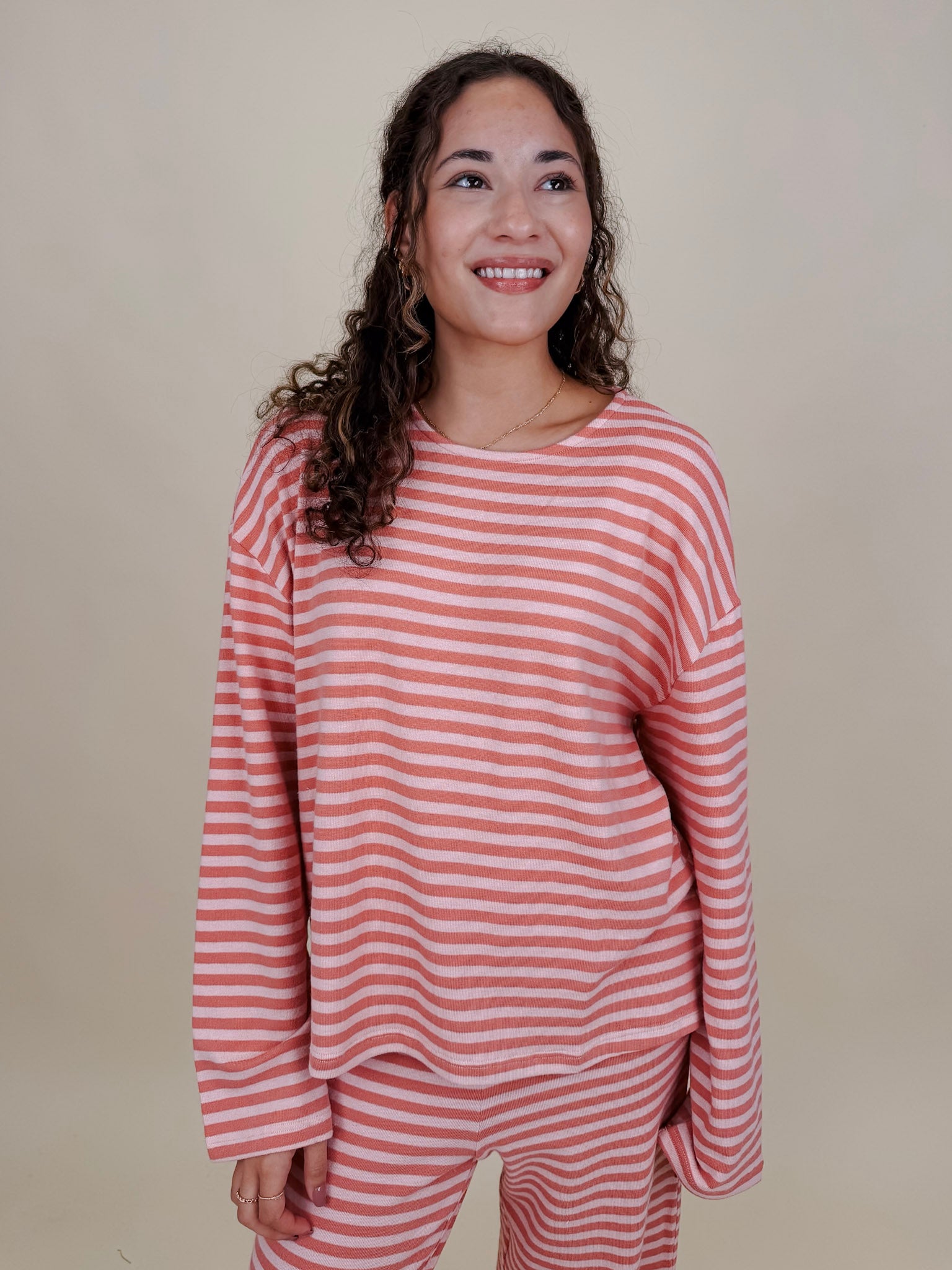 Carousel Stripe Matching Set in pink and blush stripes with boat neck top and wide leg pants — Paper Doll