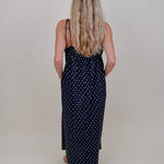 Kerry Polka Dot Midi Dress in navy with white polka dots and tie straps — Paper Doll
