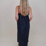Kerry Polka Dot Midi Dress in navy with white polka dots and tie straps — Paper Doll
