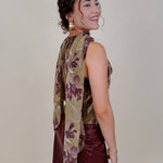 Dolly Floral Blouse in olive chiffon with plum iris print and scarf tie neckline — Paper Doll